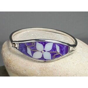 Vintage Alpaca Mother of Pearl Inlay Flower Purple Bracelet